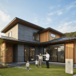 現代的で広々とした住宅の庭で、日本の家族が営業担当者と会話している様子。子供たちは芝生で遊び、親は熱心に担当者の説明を聞いている。