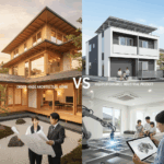 積水ハウスの木造住宅とセキスイハイムの鉄骨住宅を対比するコラージュ。左側には伝統的な木造建築の家と設計図を見る日本人夫婦、右側にはモダンな箱型の家とロボットが作業する工場、タブレットで家の設計を見る家族が描かれている。