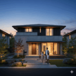 夕暮れの積水ハウスのモデルハウスの前に立つ日本人家族。父親と3人の子供が家の外観を見上げている。家はモダンなデザインで、外壁は重厚感のある素材。玄関や庭には照明が灯り、温かい雰囲気を演出している。