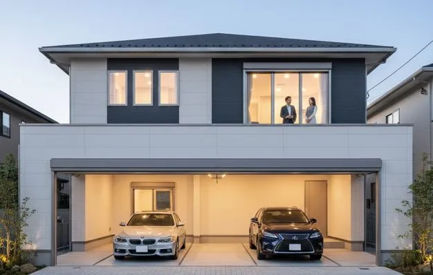 夜、ライトアップされたビルトインガレージのある積水ハウスの住宅。ガレージには高級車が2台駐車されており、2階の窓からは夫婦が外を眺めている
