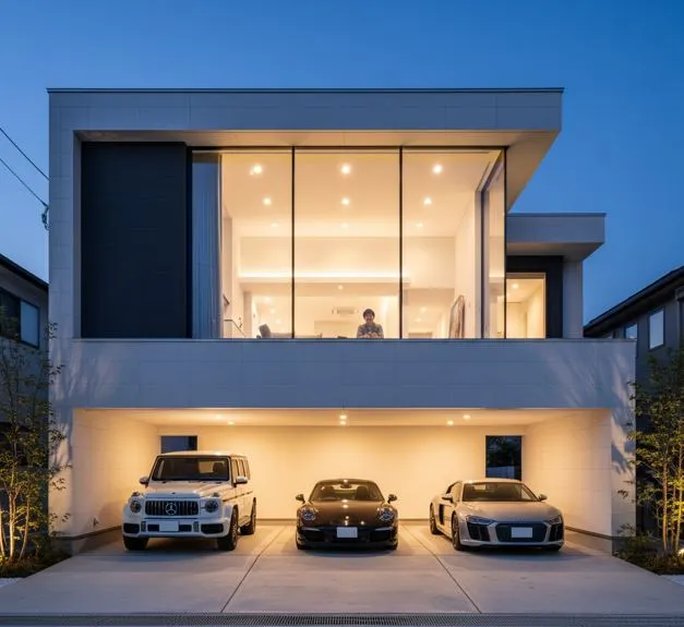 夜、ライトアップされた積水ハウスのモダンな軽量鉄骨造住宅。3台の高級車が並列駐車できるビルトインガレージがあり、2階の大開口窓からは室内のリビングが見える。