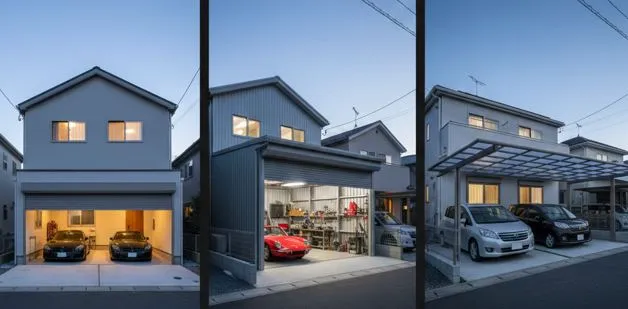 ビルトインガレージ、独立型ガレージ、カーポートの3種類の駐車スペースを持つ住宅が並んでおり、それぞれの特徴を比較している。