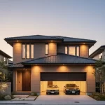 夕暮れ時、高級感のあるベルバーン外壁の積水ハウスシャーウッドの家。ビルトインガレージには2台の高級車が駐車されており、軒とシャッターが美しく調和している。