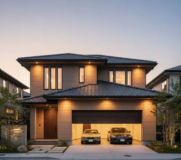 夕暮れ時、高級感のあるベルバーン外壁の積水ハウスシャーウッドの家。ビルトインガレージには2台の高級車が駐車されており、軒とシャッターが美しく調和している。