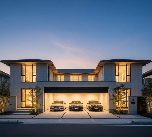 夕暮れ時の積水ハウスのコートハウス型ビルトインガレージ付き住宅。3台の高級車が駐車されており、建物全体のデザインが洗練されている