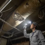 天井裏に設置された全館空調のダクト内部に、ホコリやカビが蓄積している様子を、専門業者が点検している