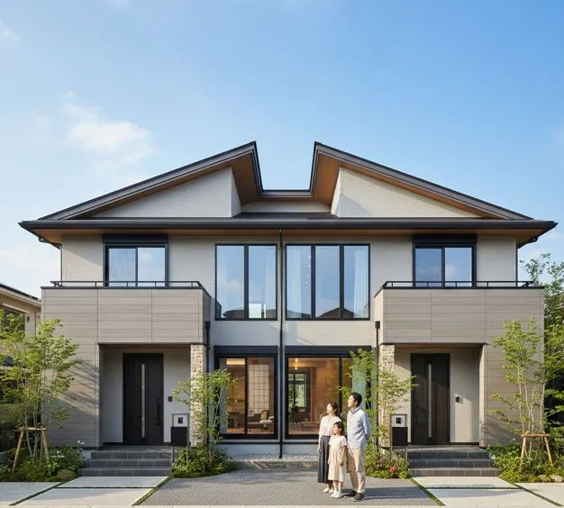 青空の下、現代的なデザインの積水ハウスの二世帯住宅の前に立つ夫婦と一人の子供の家族。家の玄関が二つあり、左右対称の構造が特徴的。