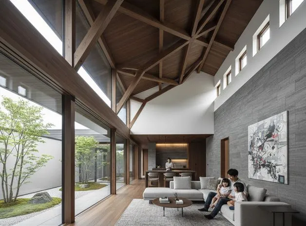 木材を多用した高い勾配天井と、中庭に面した大きな窓が特徴的なリビングルーム。父親と二人の子供がソファに座り、奥のキッチンでは母親が作業している