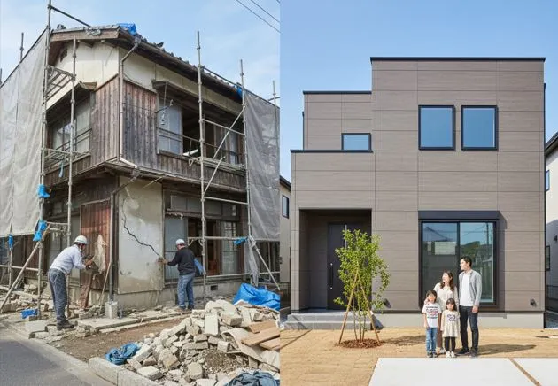 左右に分割された画像で、左側は足場が組まれ解体作業中の古い日本家屋、右側は新築のモダンな住宅の前に立つ家族(夫婦と二人の子供)が描かれている