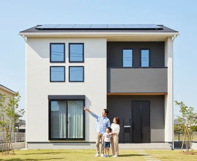 最新の省エネ技術が凝縮された二世帯住宅の前に立つ日本人家族(夫婦と男の子)