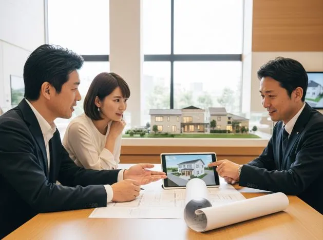 積水ハウスの打ち合わせスペースで、営業担当者と顧客夫婦がタブレットを見ながら、オーナー紹介割引や資金計画について真剣に話し合っている様子