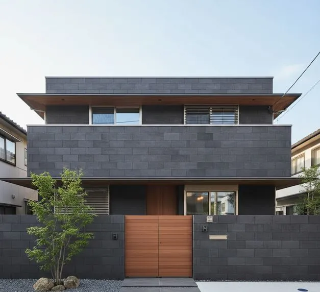積水ハウスの重厚感のある外壁(ダインコンクリートなど)と、外部からの視線を遮るようデザインされたモダンな日本の邸宅の外観。