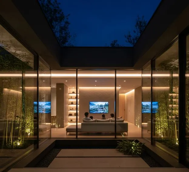 夜間でもカーテンが不要な積水ハウスの照明計画。間接照明を主体とし、中庭をライトアップすることで室内のプライバシーを守る。