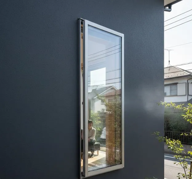 縦すべり出し窓(スイング窓)が開いている様子。開いた窓ガラスが隣家からの斜め視線を遮りつつ、風を効率的に取り込むウィンドキャッチ効果を発揮
