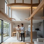 広々としたリビングとオープンキッチンを持つ、リノベーションされた明るい日本家屋。夫婦がタブレットを見ながら談笑している。