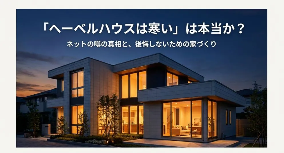 夕暮れ時に屋内の温かな明かりが大きな窓から漏れる、モダンで開放的なデザインのヘーベルハウスの外観。中央に「『ヘーベルハウスは寒い』は本当か? ネットの噂の真相と、後悔しないための家づくり」というタイトルが記載されている