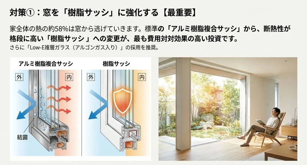断熱性の高い樹脂サッシの断面図と、大きな窓から陽光が差し込む明るいリビングで読書をする男性。家全体の熱が逃げやすい「窓」を樹脂サッシに強化することの重要性が強調されている