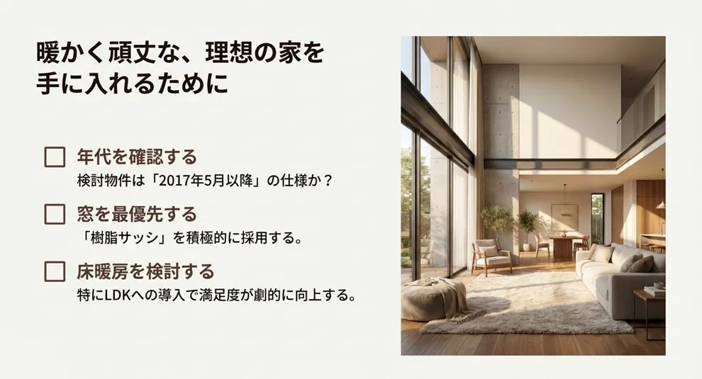 吹き抜けがあり、全面ガラスの窓から明るい光が差し込む上質なリビングルーム。「2017年5月以降の仕様か確認」「樹脂サッシの採用」「床暖房の検討」という、暖かく頑丈な家づくりのための3つのポイントがまとめられている