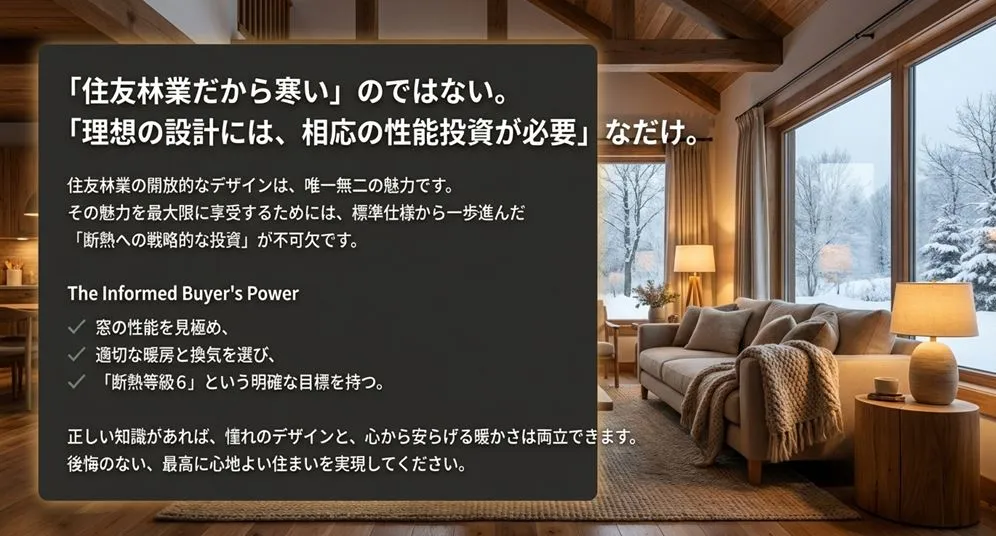 住友林業で快適に暮らすために投資すべき3つのポイント(窓の強化、床暖房の採用、第一種熱交換型換気への変更)をまとめたイラスト