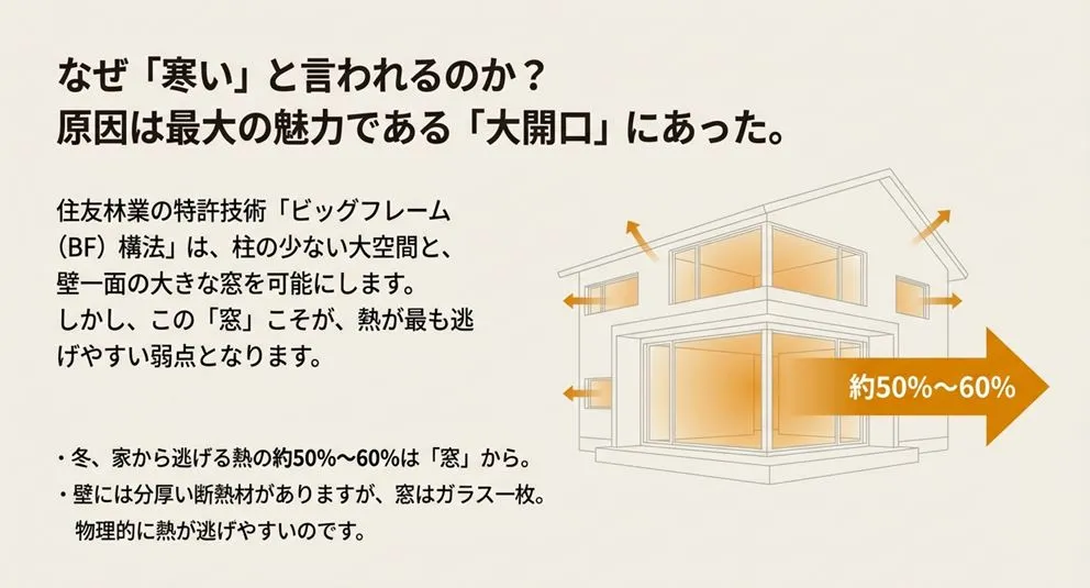 ビッグフレーム構法のような大開口の家において、冬場に家から逃げる熱の半分以上が窓(開口部)から出ていることを示すイラスト