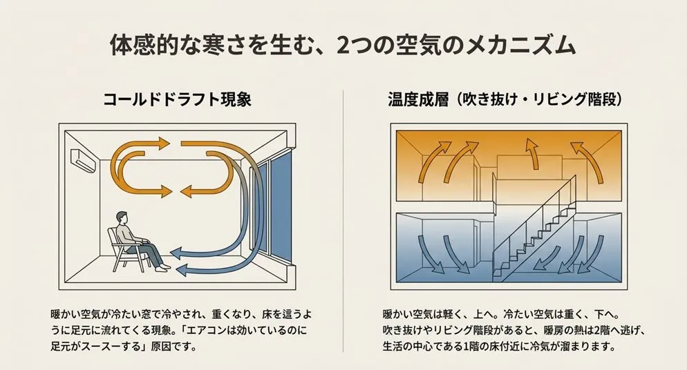 暖かい空気が上昇し、冷たい空気が窓際で冷やされて床を這うように流れてくるコールドドラフト現象と、吹き抜け空間での空気循環の図解