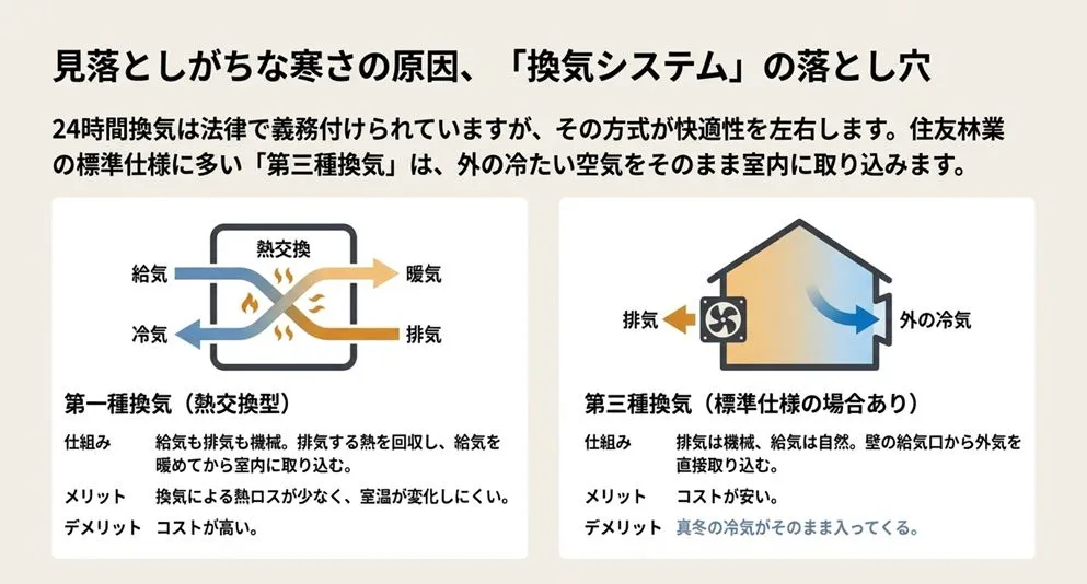 外気を室温に近づけて取り込む「熱交換型換気」と、冷たい外気がそのまま入ってくる「第3種換気」の空気の流れの違いを示した比較図