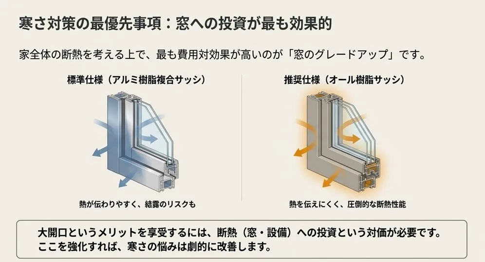 熱を伝えやすいアルミを使用した標準サッシと、断熱性に優れた樹脂サッシ・トリプルガラスの断面図比較