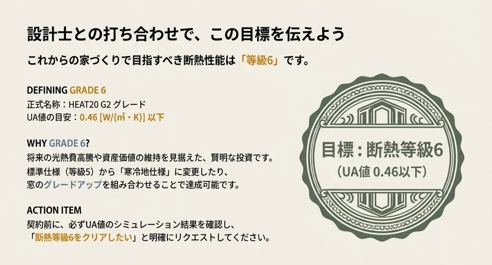 将来の資産価値と快適性のために、UA値0.46以下の断熱等級6を目指すべきという目標設定と、設計打ち合わせでのアクションアイテム