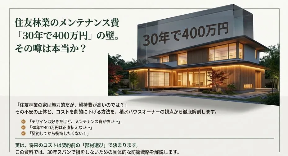 住友林業のメンテナンス費「30年で400万円」という噂の正体とコスト削減戦略を解説するスライドの表紙。和風モダンな住宅の背景