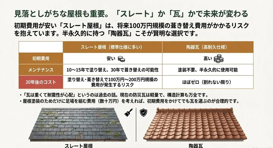 標準仕様(モルタル等)と高耐久仕様(タイル)の30年間のコスト比較。タイルは塗装費用がゼロになり、30年で約300万円の節約になることを示す比較図