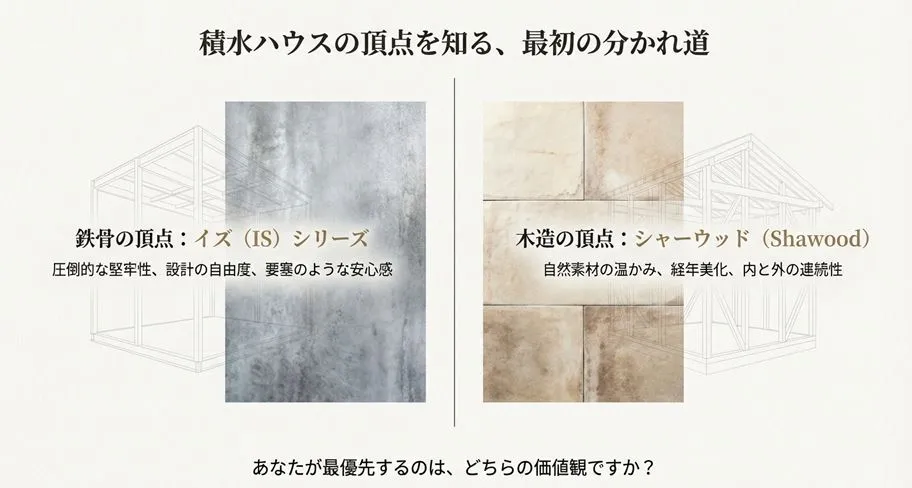 積水ハウスの鉄骨住宅「イズ(IS)」と木造住宅「シャーウッド(Shawood)」の最高グレードにおける特徴、堅牢性、デザイン性の違いを比較した図