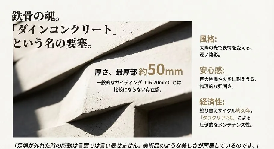 積水ハウスの最高級外壁材「ダインコンクリート」の断面図。厚さ50mmのコンクリートがもたらす深い陰影、耐久性、30年の塗り替えサイクルについての解説