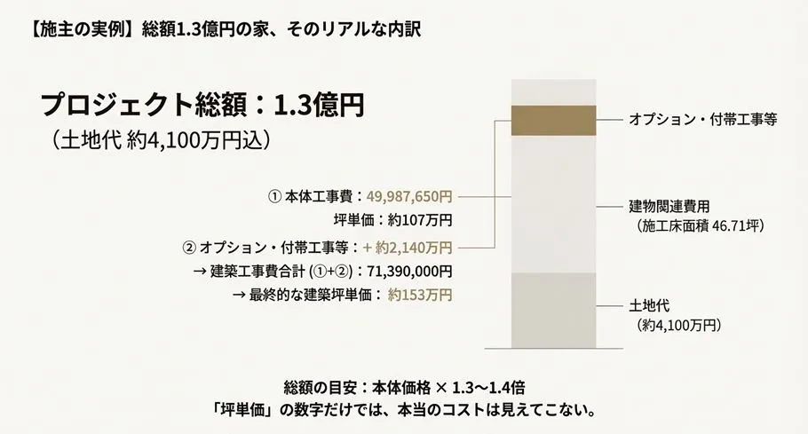 土地代を含む総額1.3億円の積水ハウス注文住宅プロジェクトの費用内訳グラフ。本体工事費約5,000万円に対し、オプション・付帯工事が約2,140万円加算された最終建築費用の構成比