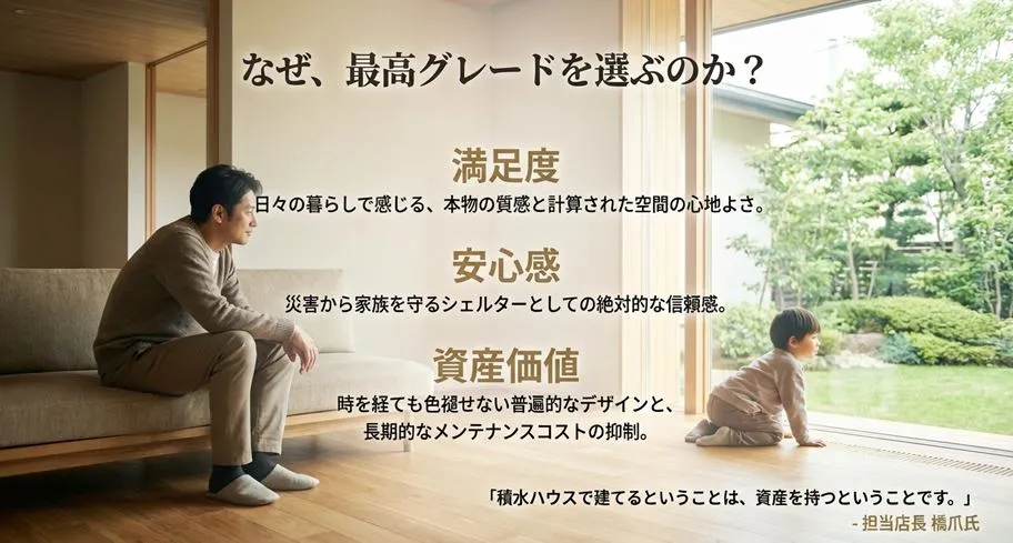 最高グレードの住宅を選ぶことで得られる「日々の満足度」「災害時の絶対的な安心感」「長期的な資産価値」という3つのメリットをまとめた解説スライド