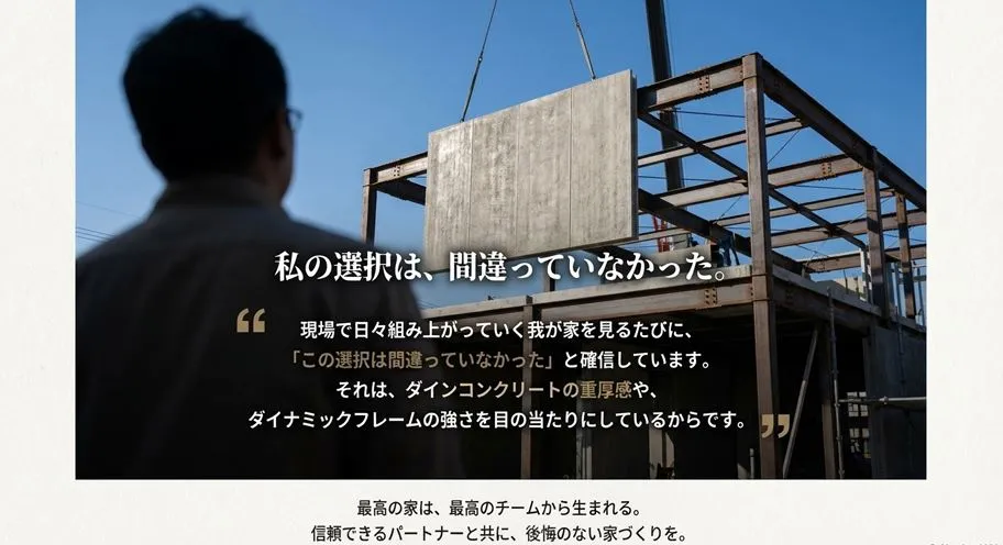 総額1.3億円の家づくりを終えた施主の実感。「私の選択は間違っていなかった」という確信と、信頼できるパートナー(最高のチーム)と共に建てることの重要性を伝えたメッセージスライド