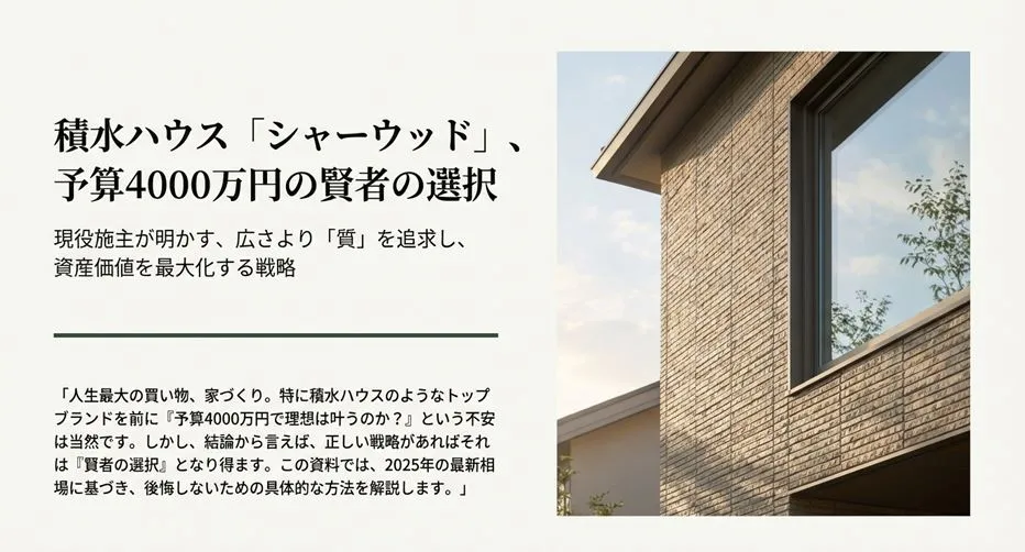 積水ハウスのシャーウッドを予算4000万円で建てるための戦略解説スライドの表紙。ベルバーン外壁の美しい外観写真