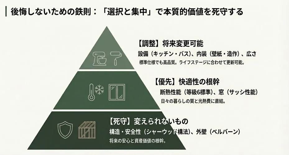 注文住宅の予算配分ピラミッド図。構造・外壁(ベルバーン)は死守し、断熱は優先、設備や内装・広さは調整可能であることを示した戦略図