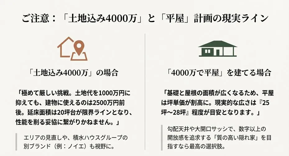 土地代込み4000万円の場合と、平屋を建てる場合の積水ハウス シャーウッドの難易度解説。平屋の場合は25〜28坪が目安となる理由を図解