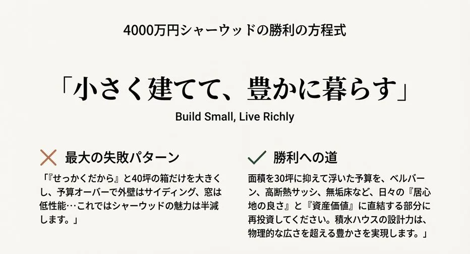 積水ハウス シャーウッドで後悔しないための鉄則。「小さく建てて、豊かに暮らす(Build Small, Live Richly)」というコンセプトと、面積を抑えて質を高める戦略の図解