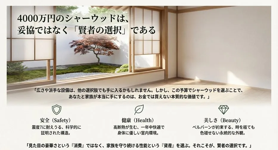 4000万円で積水ハウスを選ぶ意義についてのまとめスライド。安全(Safety)、健康(Health)、美しさ(Beauty)という資産価値を得ることこそが賢者の選択であるというメッセージ