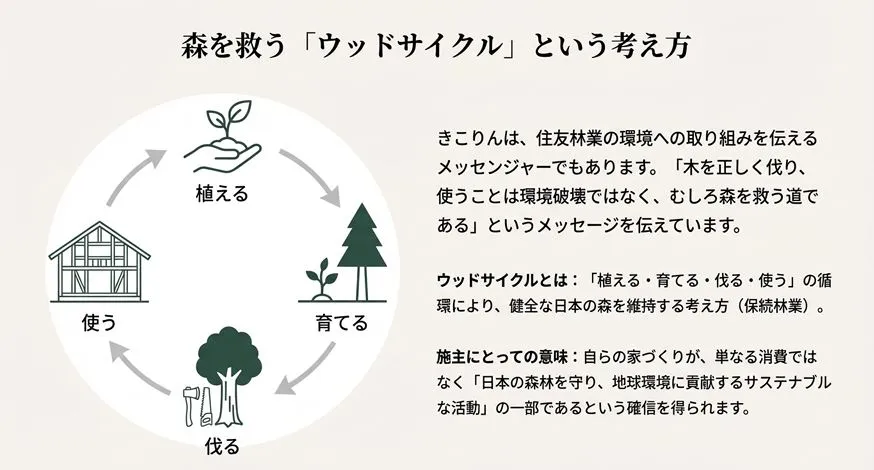 木を「植える・育てる・伐る・使う」という循環を示すイラスト。持続可能な森林維持と地球環境への貢献を表現している。
