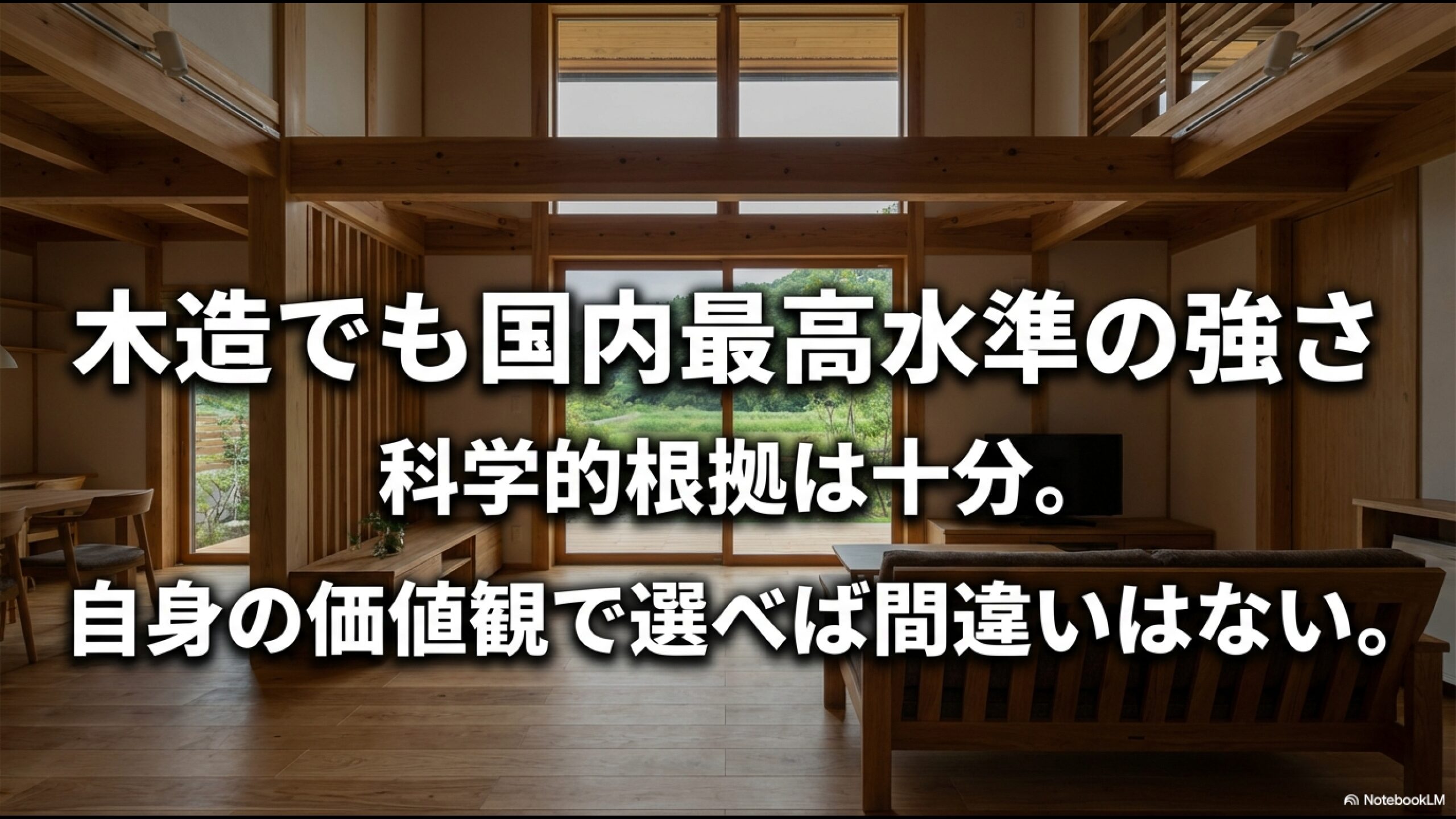木造でも国内最高水準の強さがあるという科学的根拠を強調し、自身の価値観で選べば間違いはないと結ぶメッセージ。