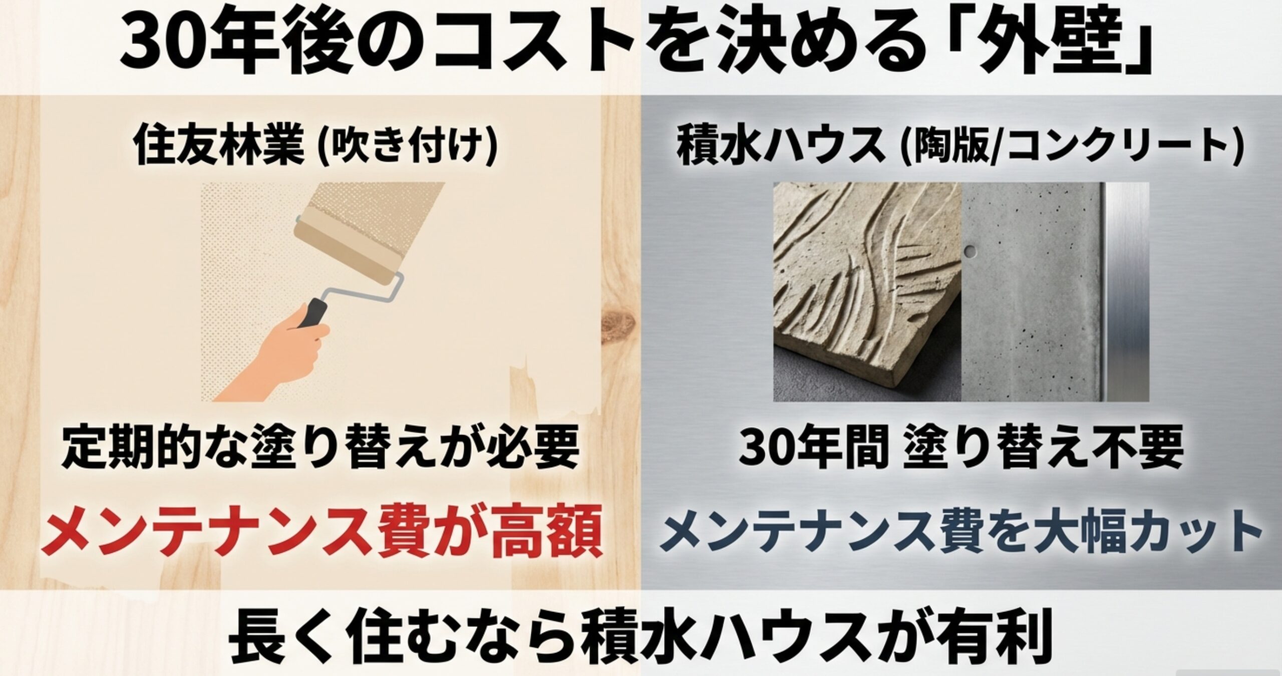 住友林業の吹き付け外壁と、積水ハウスの30年間塗り替え不要な陶版・コンクリート外壁のメンテナンス費比較