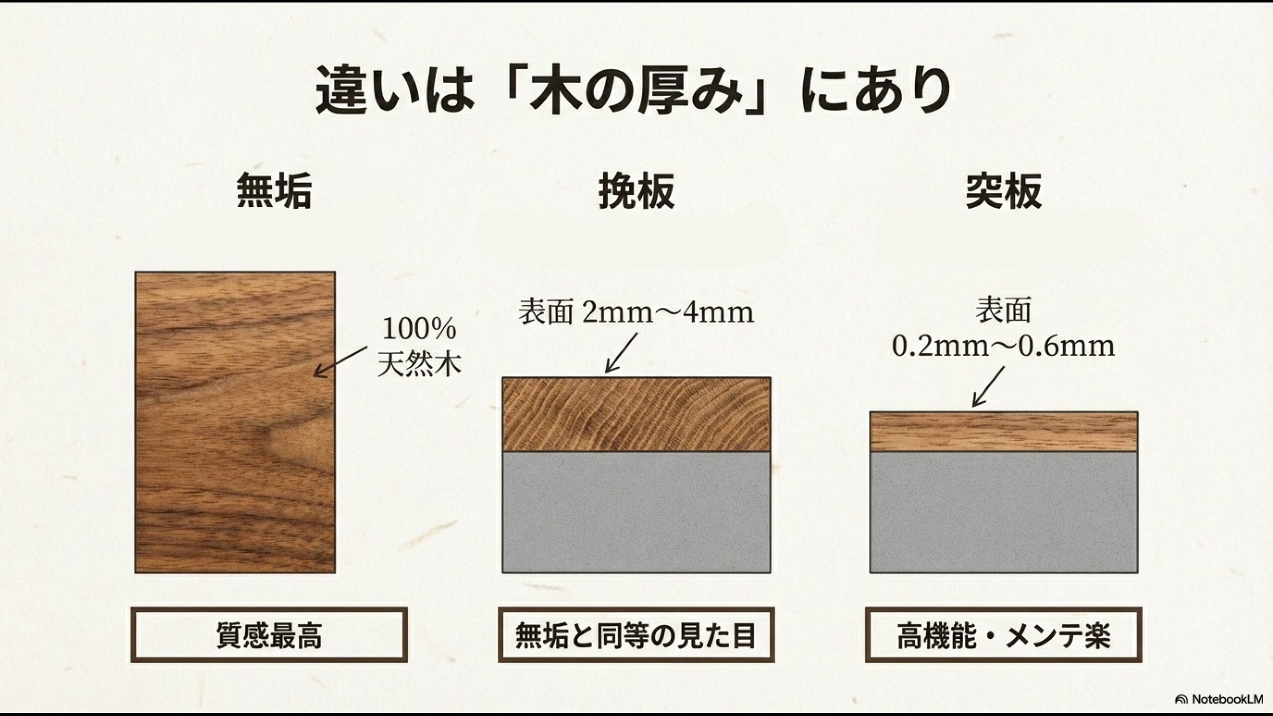 無垢床、挽板(2mm厚)、突板(0.2mm厚)の断面構造と特徴の違いを図解