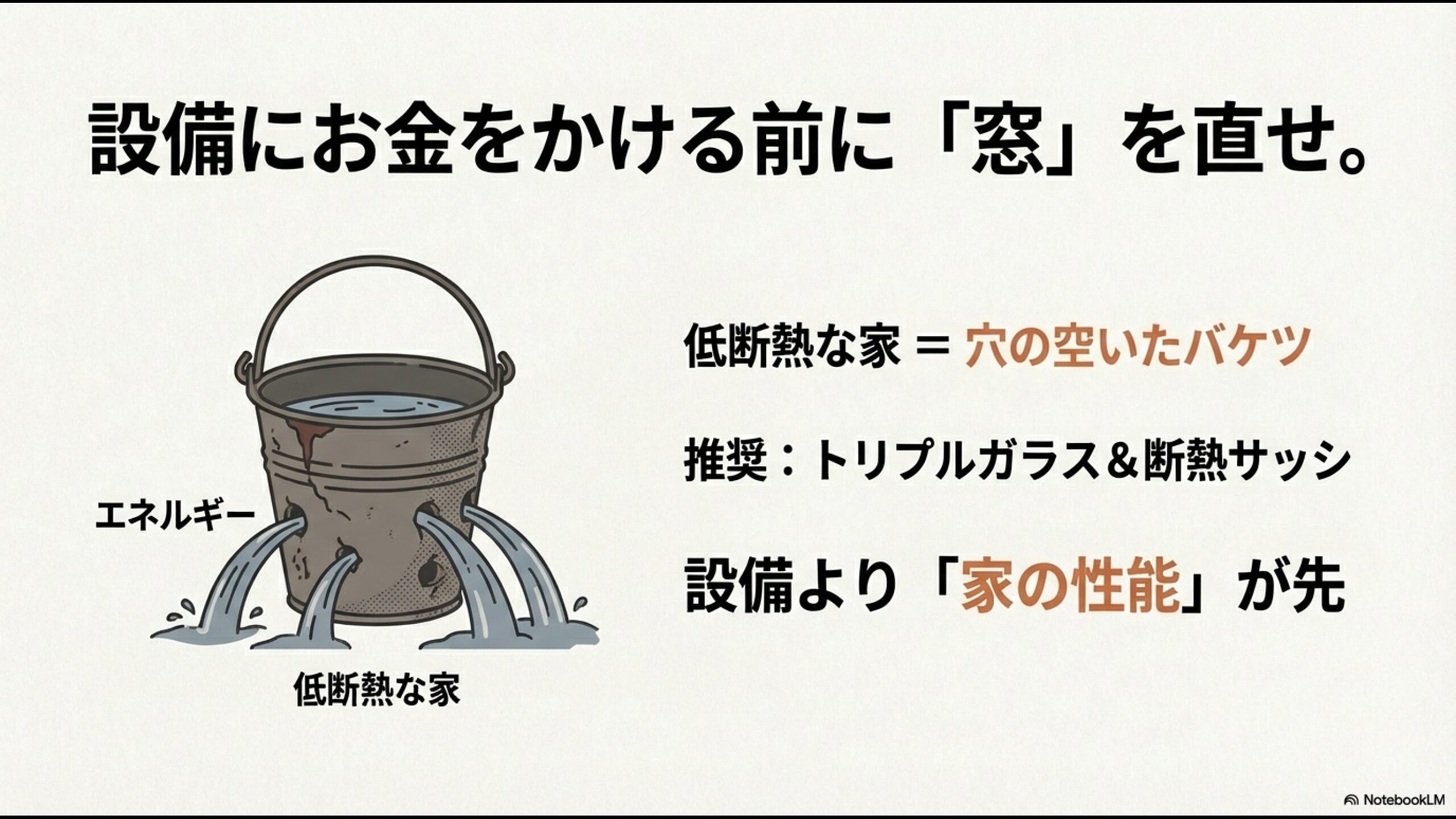 低断熱な家は穴の空いたバケツと同じで、エネルギーを浪費することを示すイラスト