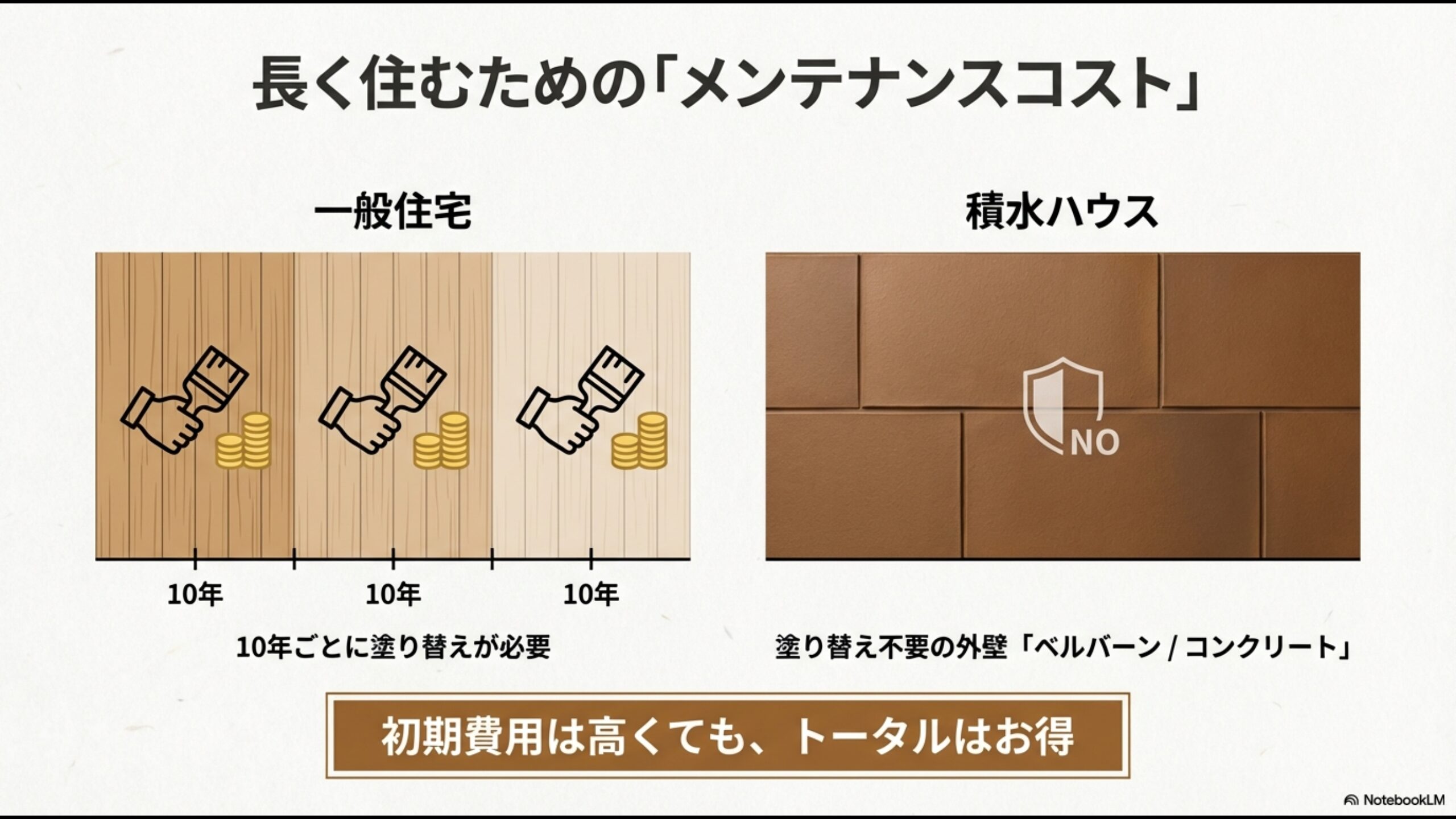 一般的な塗装外壁と積水ハウスのベルバーン・ダインコンクリートのメンテナンス費用の違いを比較した図。