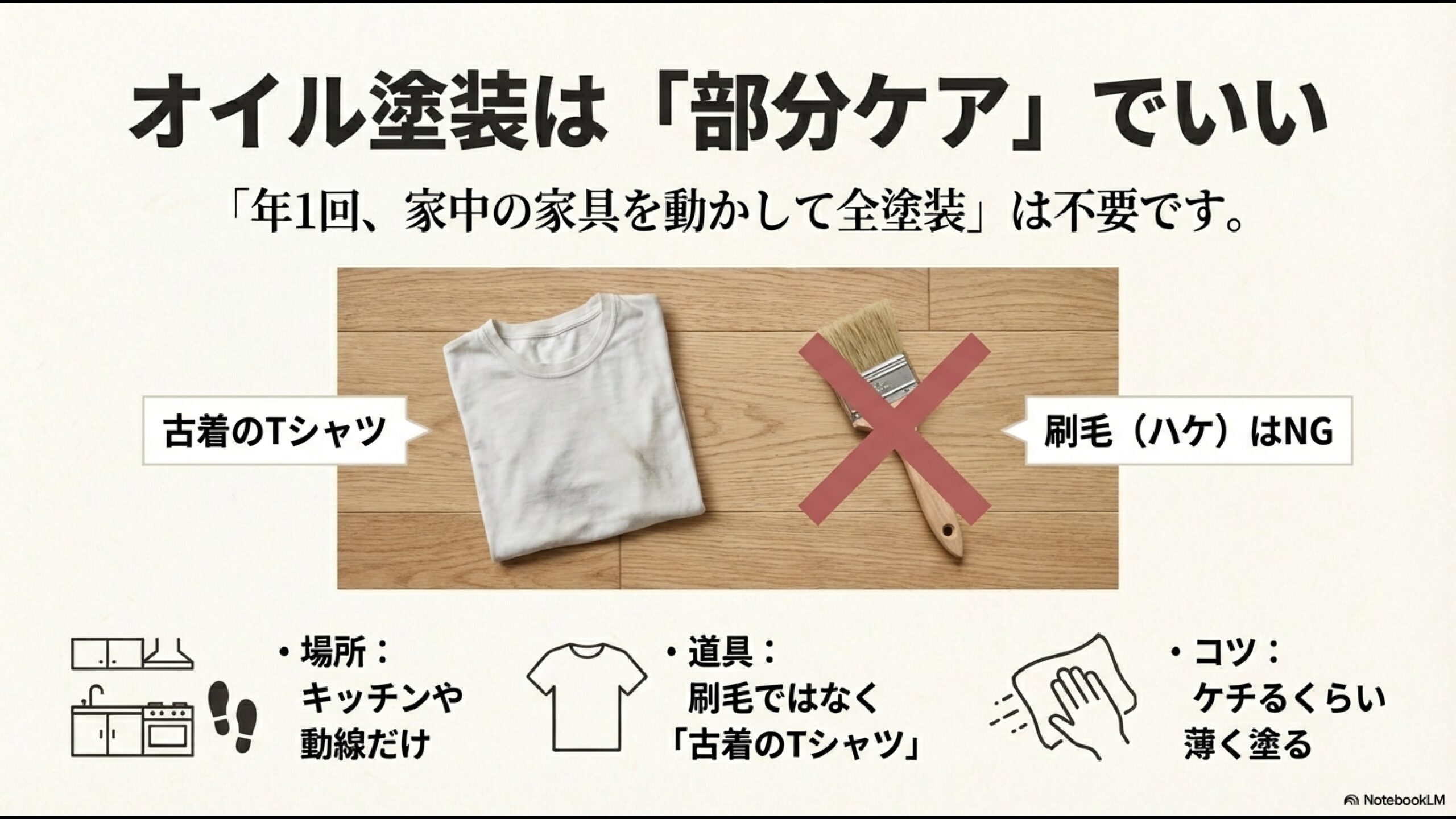オイルメンテナンスのコツ。家中の家具を動かす必要はなく、動線やキッチンだけの部分塗装とウエス(Tシャツ)塗りを推奨。