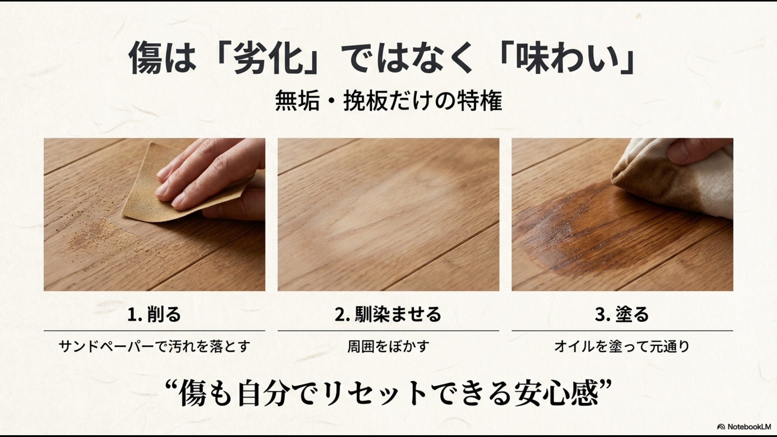 無垢床の傷補修3ステップ。削る、馴染ませる、オイルを塗ることで傷をリセットする方法。