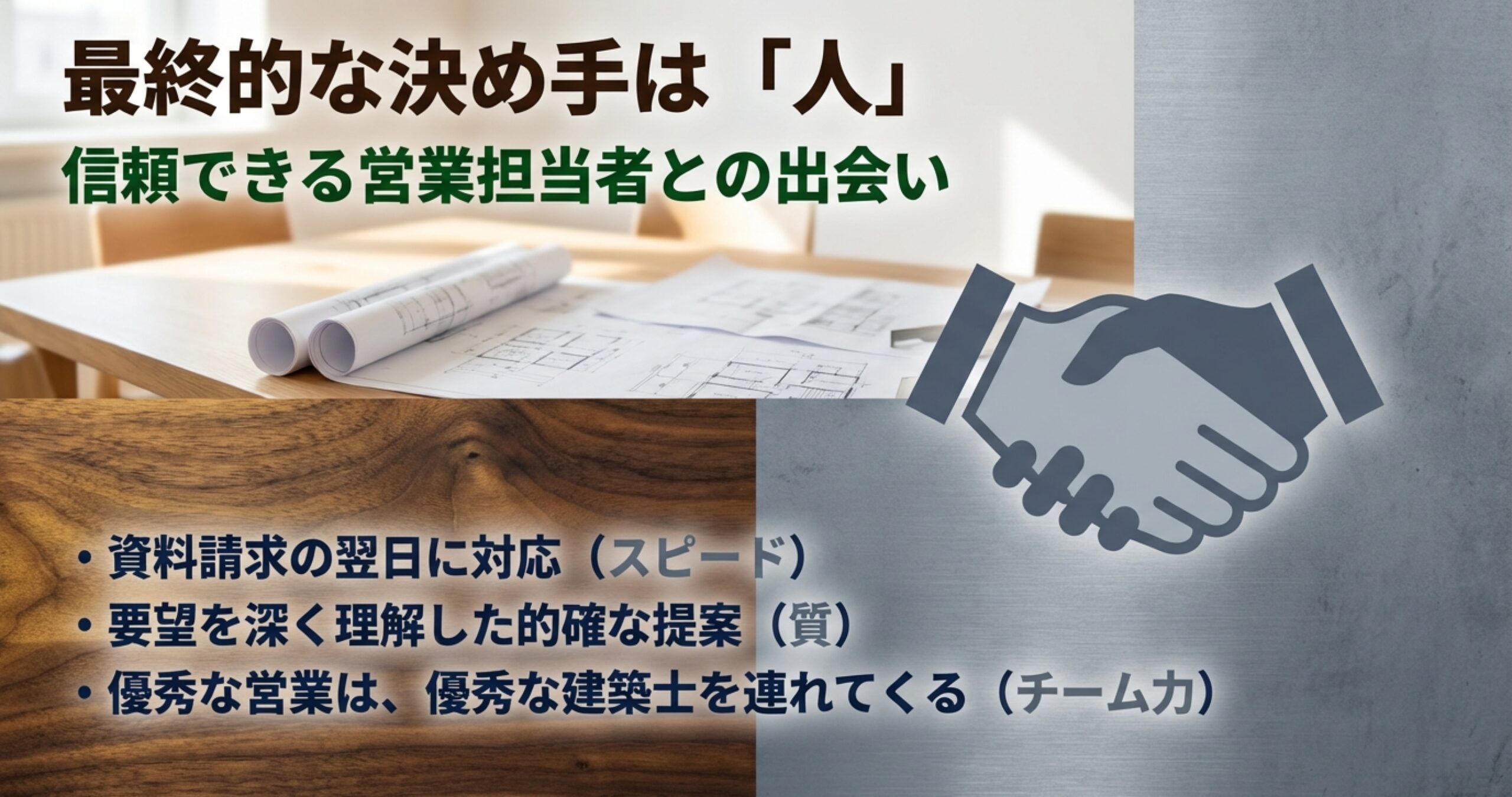 要望を深く理解する提案力や、優秀な建築士をアサインできる営業担当者のチーム力の重要性
