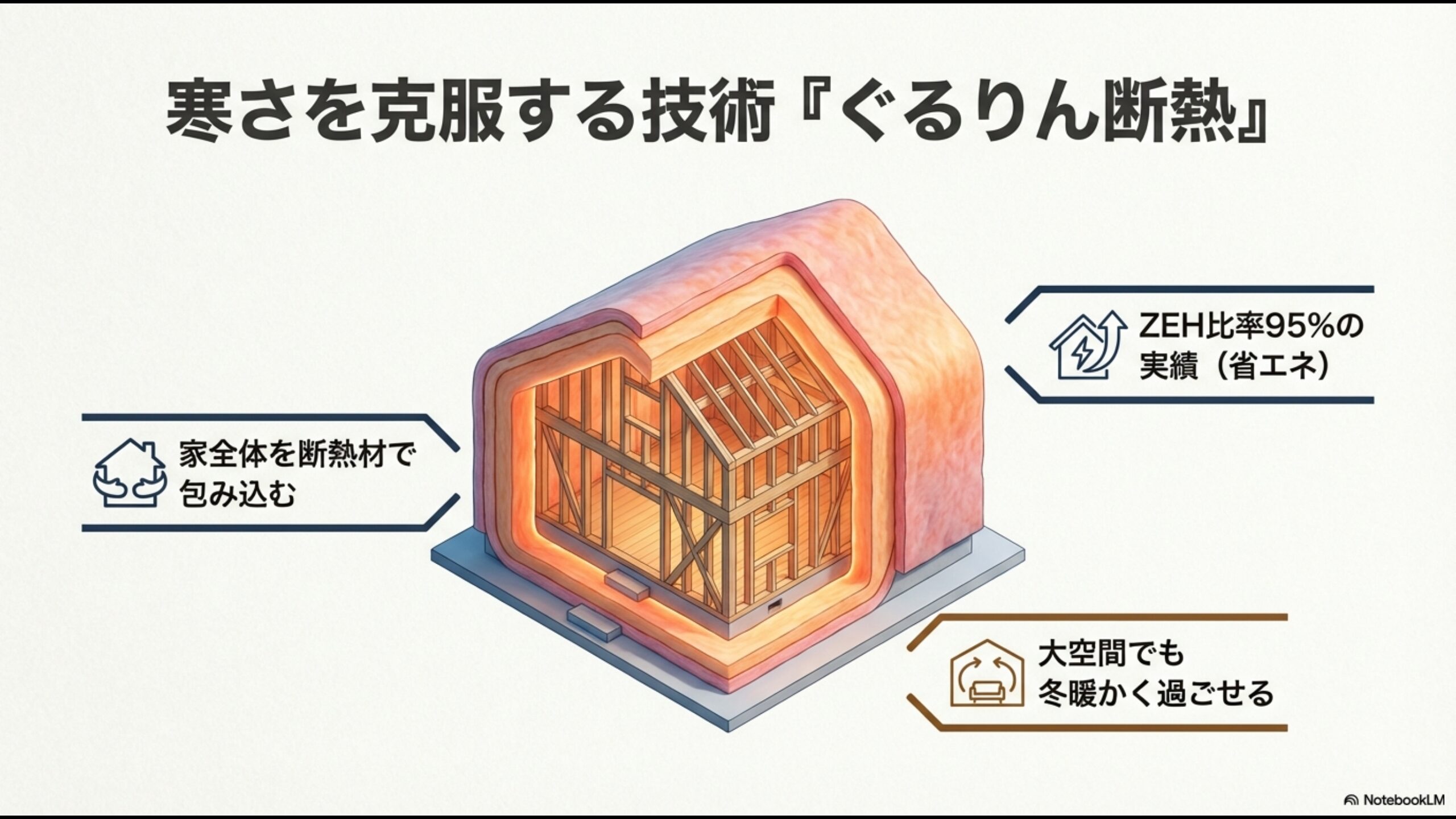 家全体を断熱材で包み込む積水ハウスの技術図解。ZEH比率95%の実績と冬でも暖かい大空間の説明。